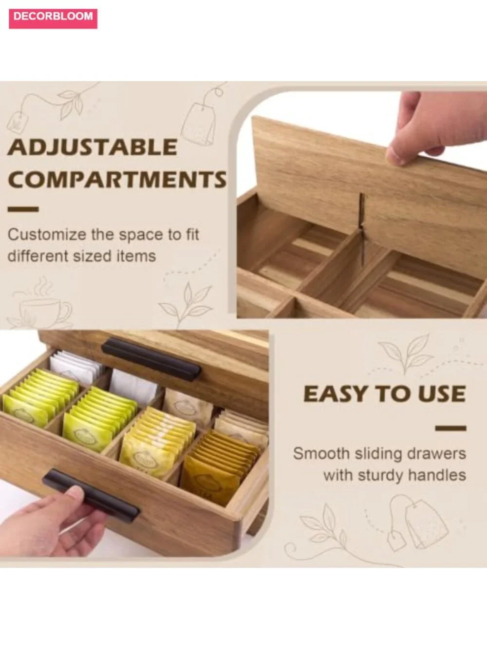 Acacia Wood Tea Bag Organizer 3 Drawers 27 Slots Coffee Capsule Holder